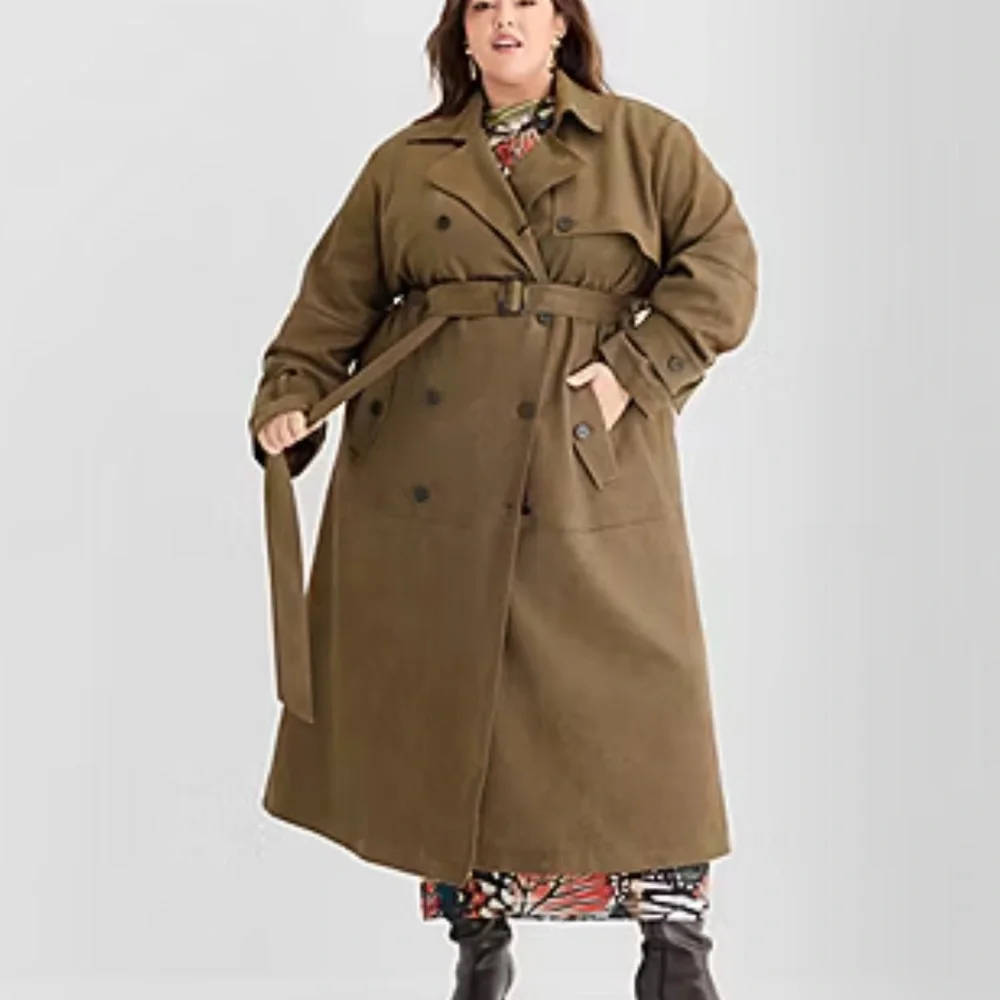 Ashley Graham Faux Suede Long Trench Coat in Olive Brown - Picture 3 of 11
